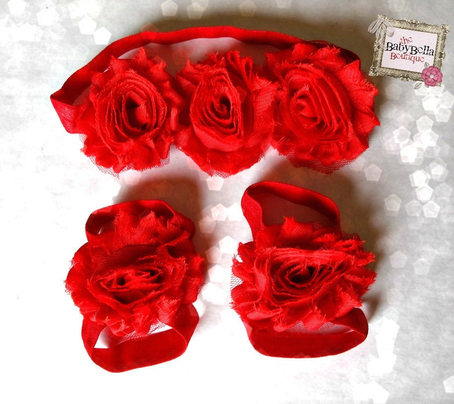 RED Barefoot baby sandals and headband set by TheBabyBellaBoutique