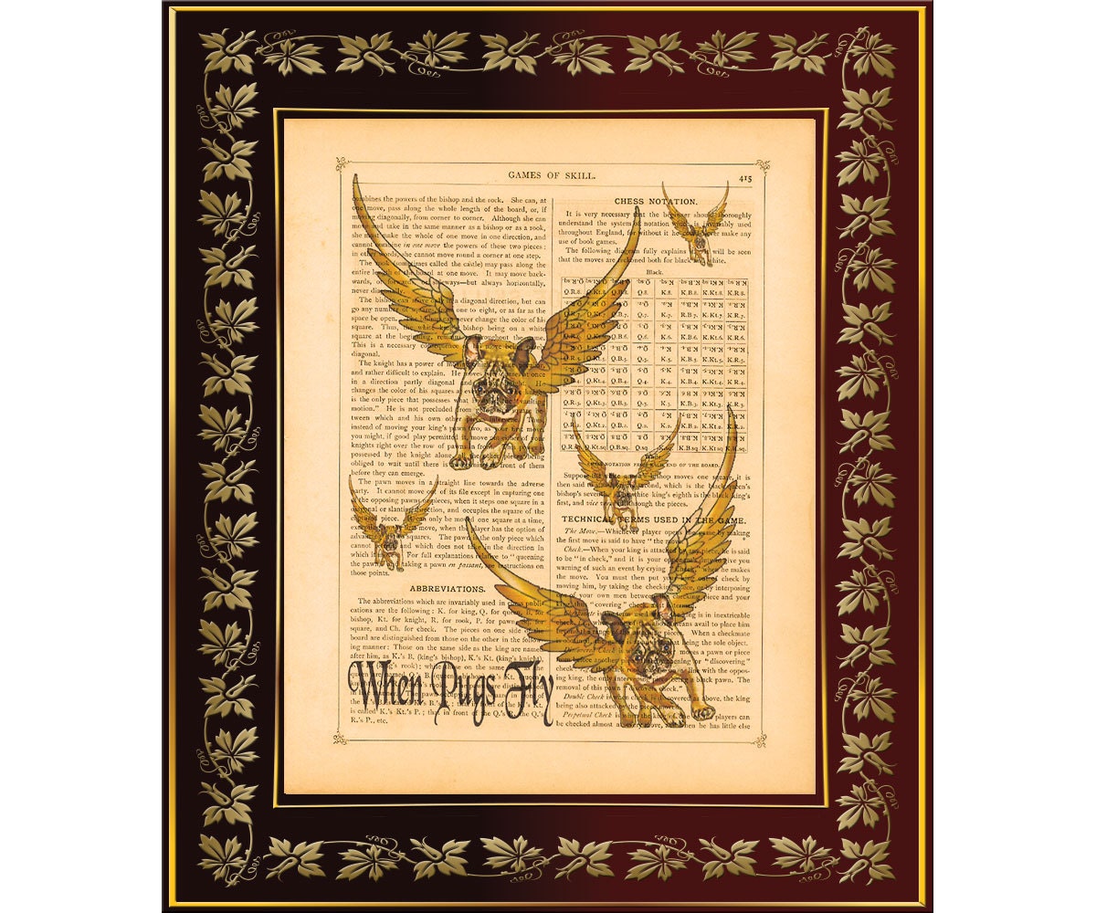 When Pugs Fly Antique Book Page Dog Art Print 8"x10"