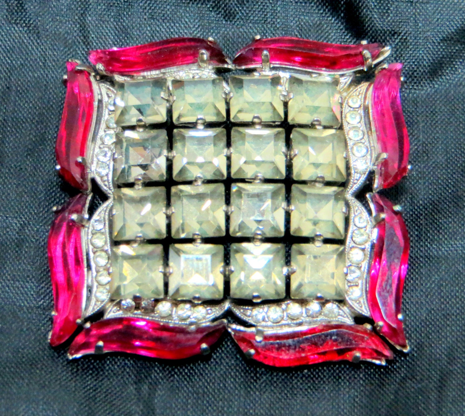 Art Deco Diamante Brooch, Large Square Cut Glass Rhinestones & Cranberry Glass Jewelled Pin 1930s