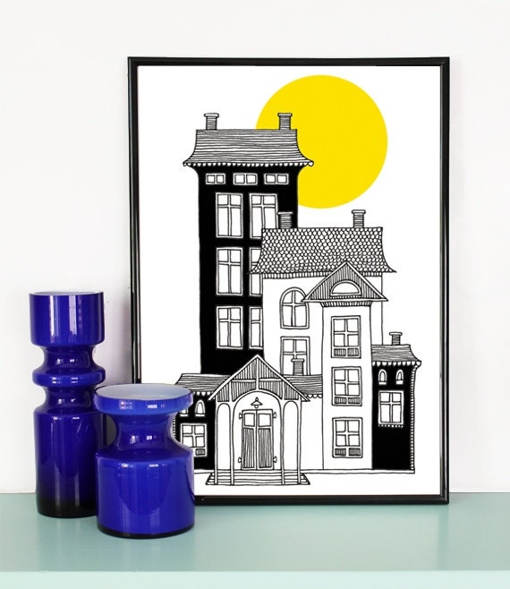Village II- A3 Print - Swedish 70's retro print, scandinavian, house, sun,