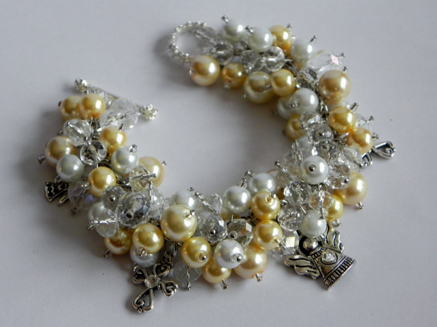Yellow, Clear and White Angels and Crosses Beaded Charm Bracelet - With Earrings - Cluster Bracelet, Charm Bracelet, Handmade, Pearl Jewelry