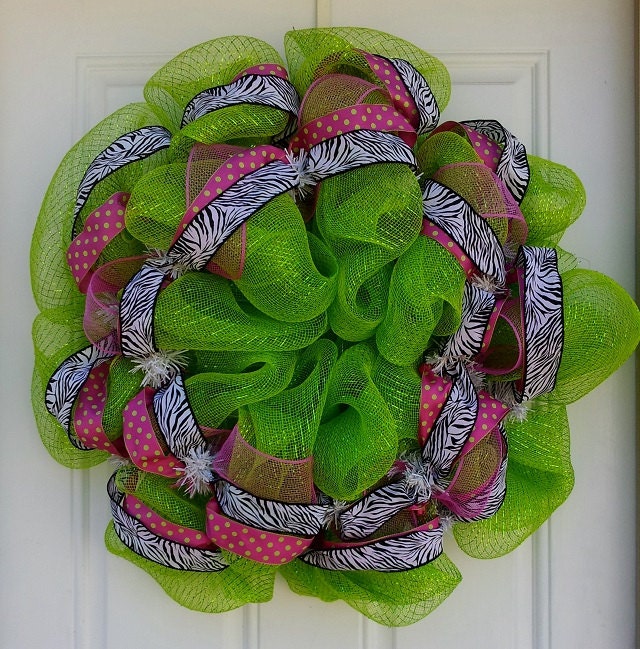 Lime Green Metallic  Zebra& Polka Dot Mesh Wreath