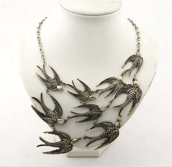 Swallow Necklace- Antique Bronze Elegant Multi Miniature Sparrow Birds Tassel Charms Statement Chandelier Art Deco Bib Short Collar Necklace