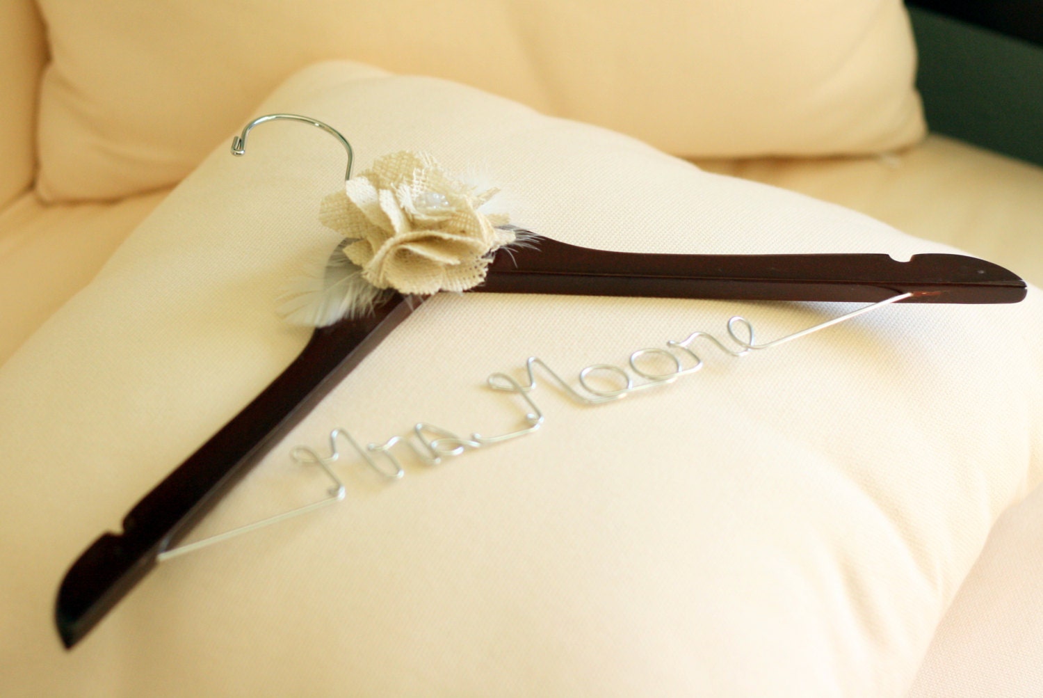 Custom Bridal Hanger with Burlap Flower - Walnut Finish Wedding Dress Hanger