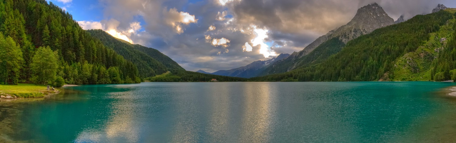 Landscape lake between the mountains at sunset fine art panoramic color photo print - Felicità