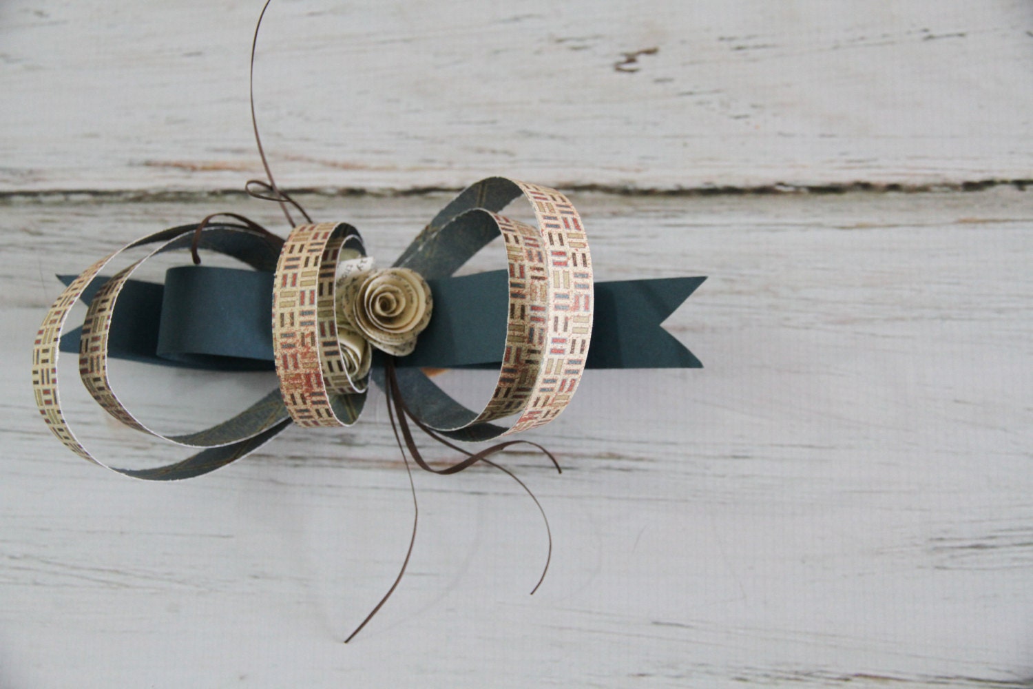 Navy blue paper bow, vintage rolled roses, Paper  fascinator, wedding headpiece, One of a kind bridal headpiece