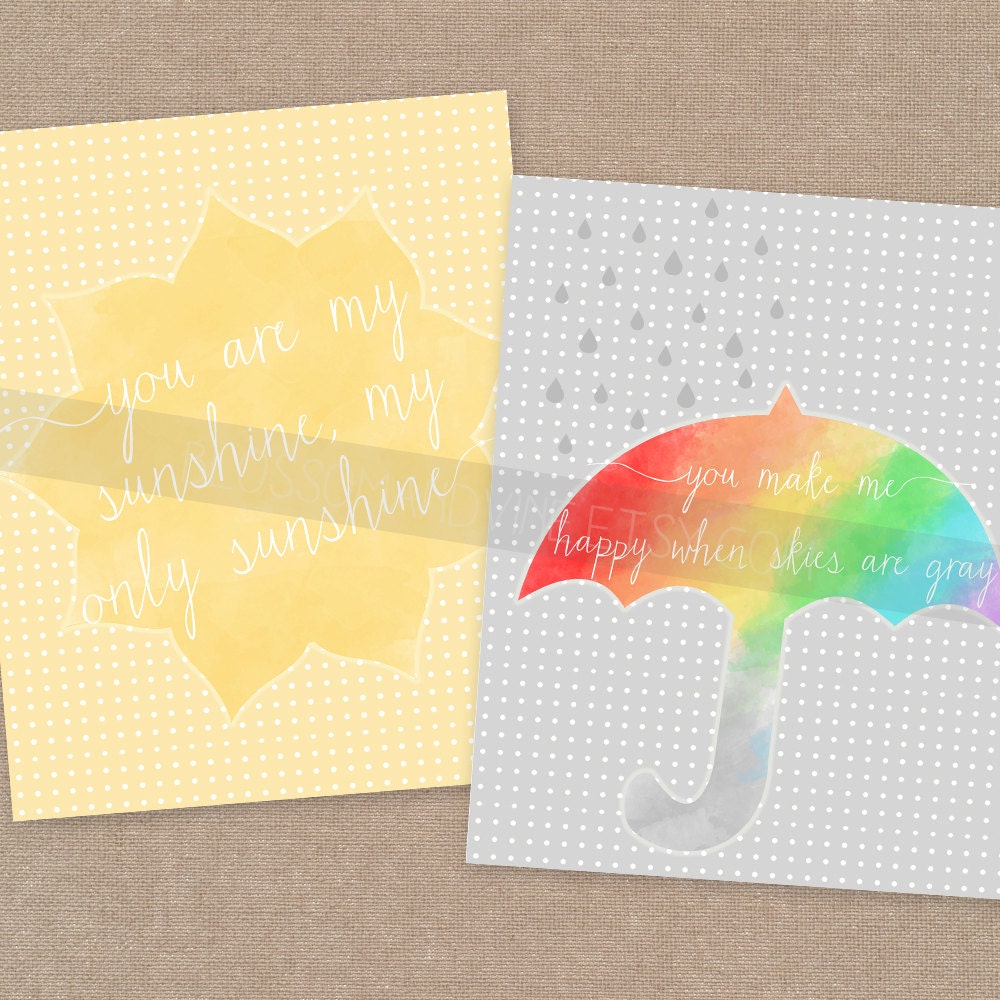 You Are My Sunshine set of two 8x10 prints - gray, rainbow, yellow, script