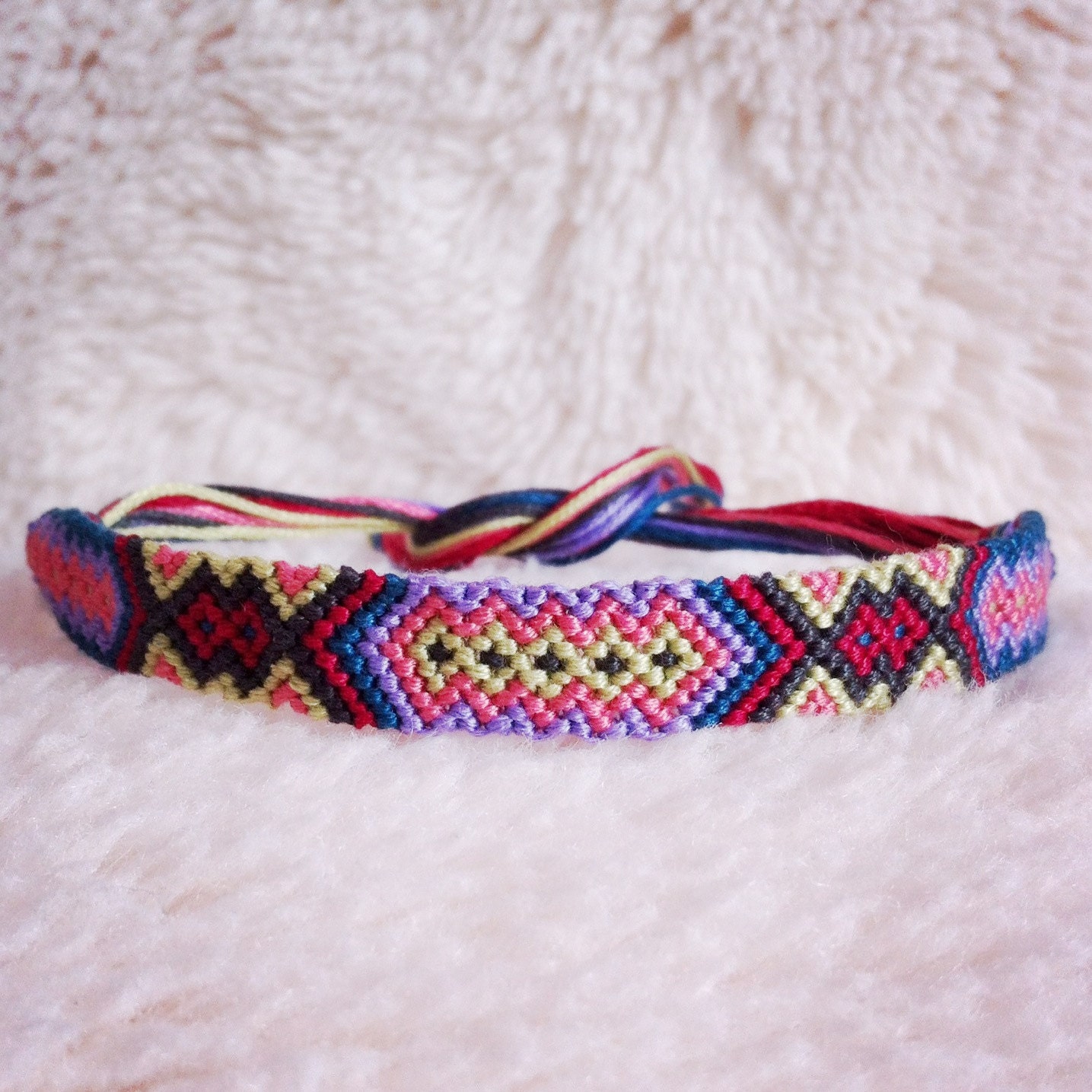 Friendship Bracelet - SALE: Braided Handmade Embroidery Floss Fiber Friendship Bracelet - Small Tribal Diamonds