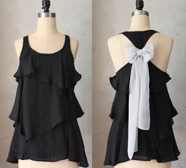 DOVE AURA - Romantic black flowy tier blouse // dove gray // chiffon sash bow // tunic // tank top // racerback // charcoal