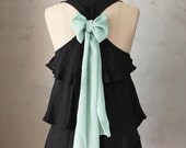 MINT TEA AURA - Romantic black flowy tier blouse //  sage green // chiffon sash bow // tunic // tank top // racerback