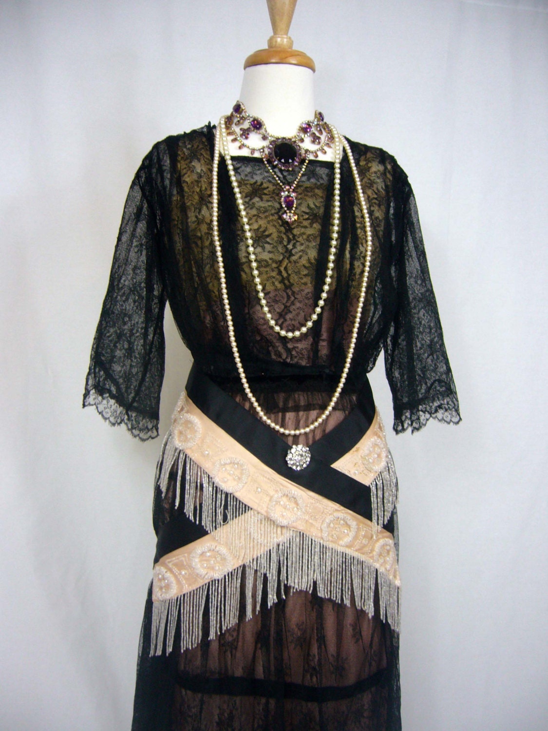 DECADENT Romantic Fine French Scalloped 1915 Lace Skirt & Blouse Named - Opulent Illusion Nude Burlesque Flapper Tiered Evening Dress Suit
