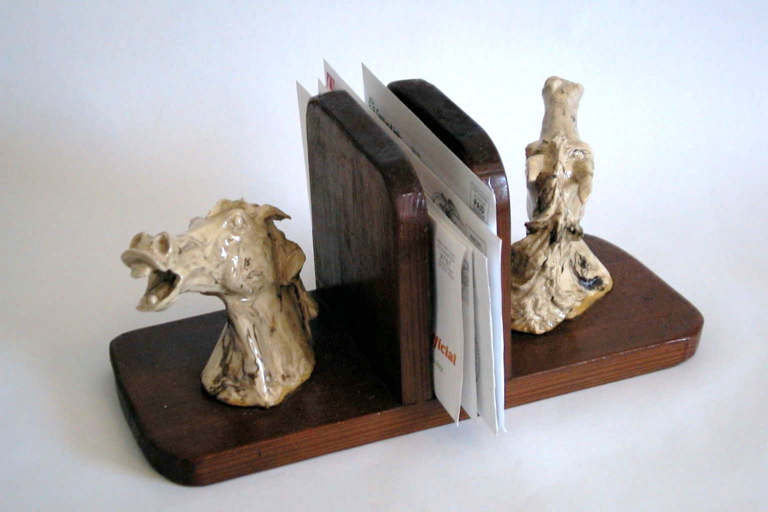 Vintage Handcrafted Sculptured Wild Mustang Horse's Heads - Letter Holder set on Wooden Platform