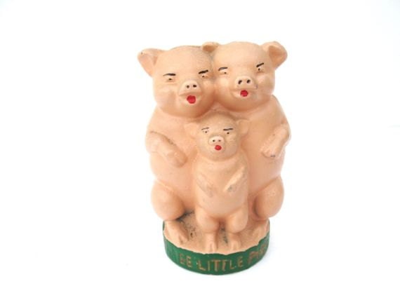 Vintage Cast Iron Bank - Three Little Pigs - Coin Savings - Antique Collectible Piggy - Nursery Decor