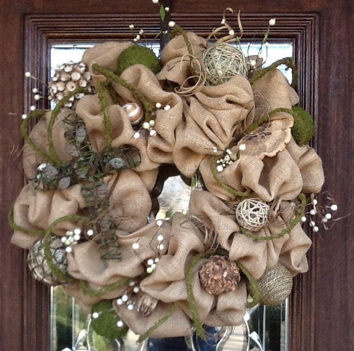 BURLAP and MOSS Wreath with Metal Grapevine CROSS
