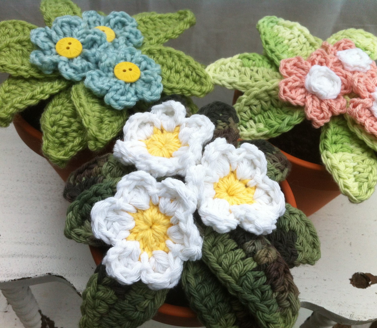 Crochet Pot of Flowers - Posies - Daisies - Birthday - Teacher Gift - Housewarming - OOAK - Ready to Ship