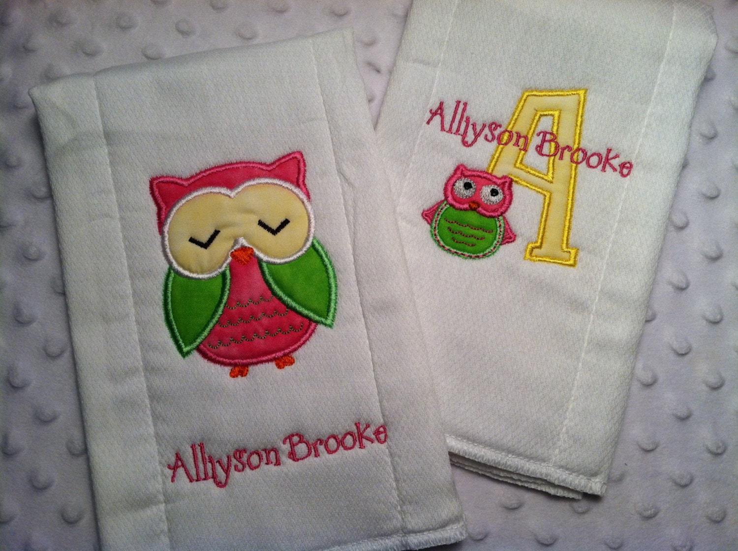 Set of 2 Owl and Initial with Name Embroidered Custom Personalized Boutique Burp Cloth  Buttercup Owls