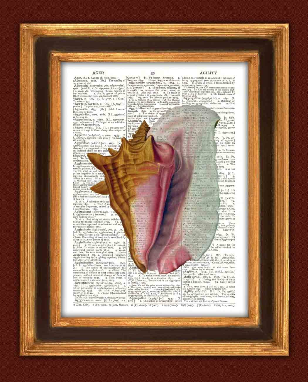 Nautical Print Conch Shell Print Upcycled Dictionary Page Seashore home decor, cottage beach decoration, decorative arts
