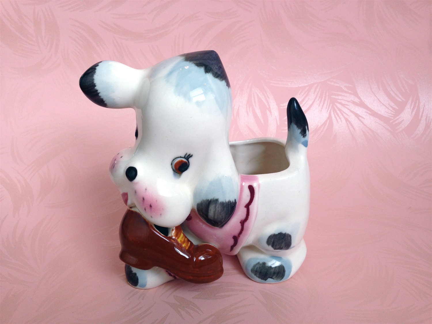 Super Kitschy Cute Puppy Dog Holding a Shoe Planter