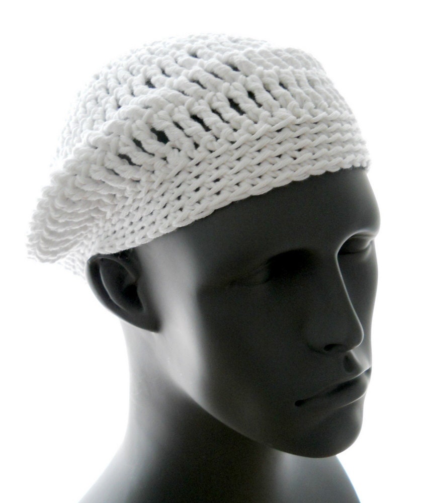 Hand crochet beret, organic cotton crocheted beret, women's or men's white beret hat, vegan hat, spring fashion, summer fashion