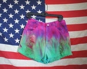 High Waist Shorts Denim Distressed Renewal Tie Dye Shorts Up cycled Handmade Purple Green Shorts