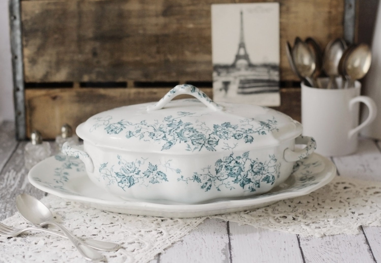 Antique English Blue Floral Transferware Casserole Dish - by F. Winkle & Co. Colonial Pottery Stoke England - circa 1890's - Pattern: Grace