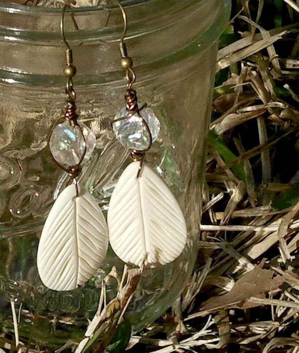 Brightfeather- carved bone feather dangle earrings