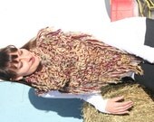 Crochet Muliticolored Green Gold And Red Triangle Neck Scarf With Fringe by JennisCrochet