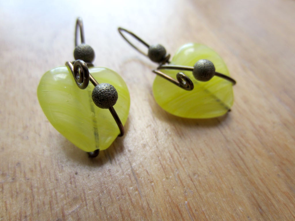 Yellow heart earrings wrapped in antique bronze wire, wire wrapped earrings, wire wrapped handmade jewellery