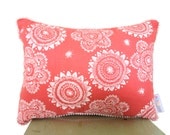 Cushion cover Messy Posey design. White design on coral Linen/Cotton with white mini pompom trim 40cmx30cm
