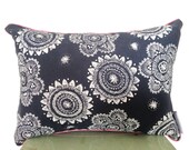 Cushion cover Messy Posey design. White design on slate Linen with pink piping 40cmx30cm