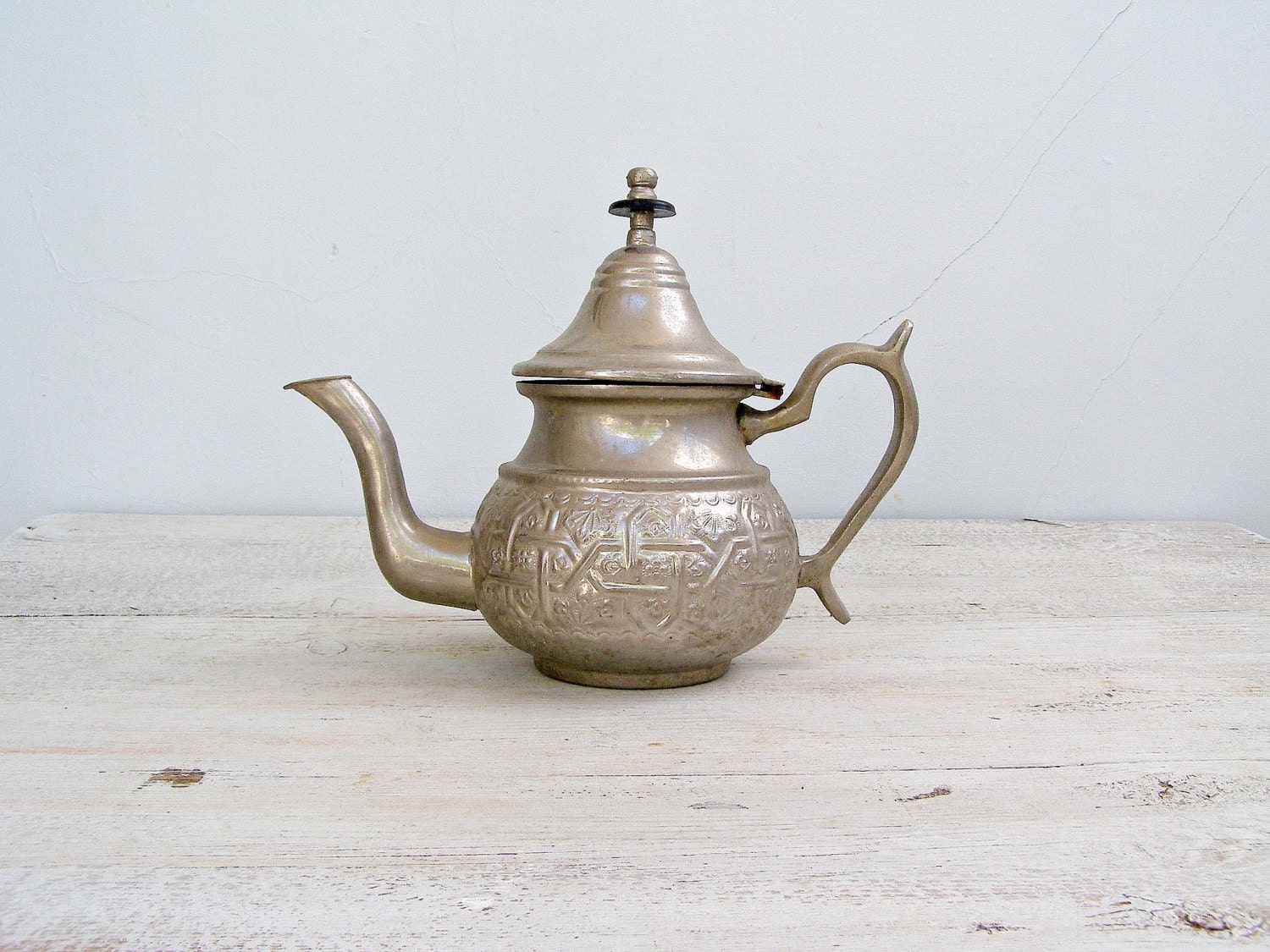 Ornate Oriental Teapot, Silver shade pitcher, Vintage teapot, Retro kitchenware, collectible, Restaurant decor, Kitchen Display