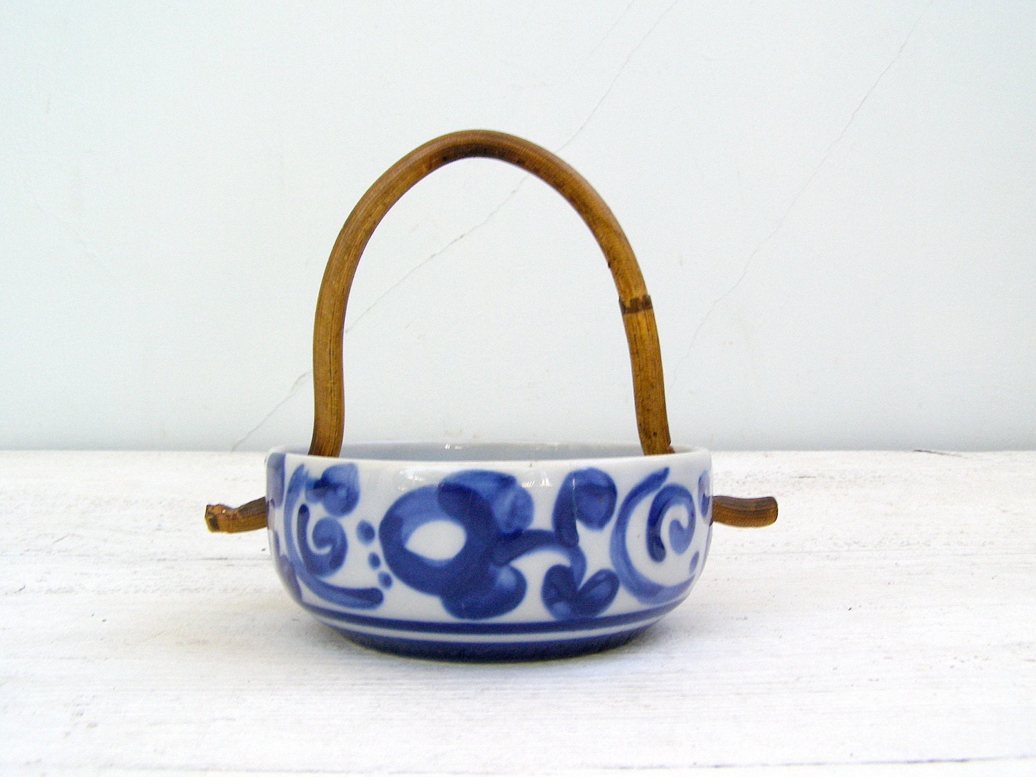 Vintage Blue Ceramic Candy Bow, Bamboo Handle, Israel Retro Pottery, Rustic, Cottage chic, 70s, floral, gift for Hostess, French country