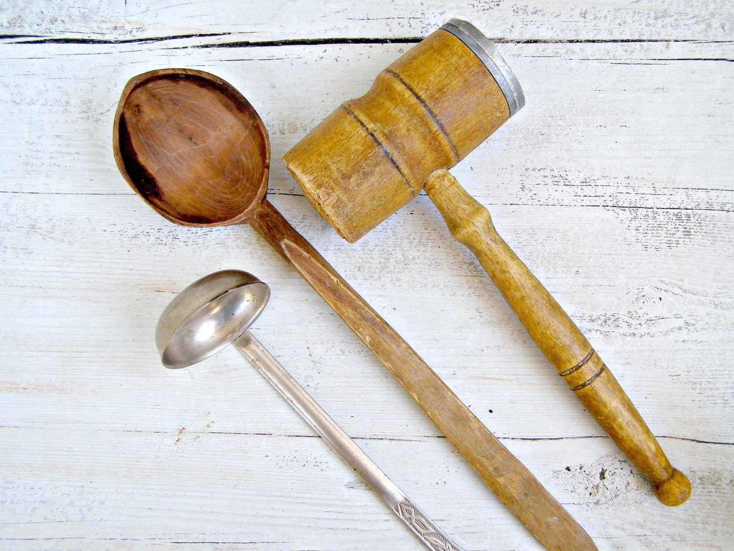 Vintage kitchen utensils, rustic farmhouse Kitchenware, retro kitchen display, Wood spoon, Kitchen Hammer, Metal ladle, Restaurant display