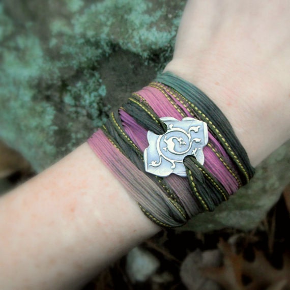 Dragon Bracelet- Silver & Silk Wrap Bracelet- Artisan Handcrafted with Recycled Silver and Hand Dyed Silk