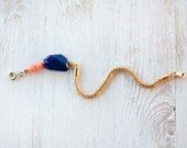 Snake Bracelet - Royal Blue Jade and coral  Beads on Gold Mesh Cord Bracelet by pardes israel