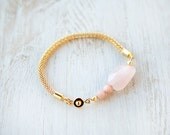 Snake Bracelet - Pink Quartz and opal Beads on Gold Mesh Cord by pardes israel