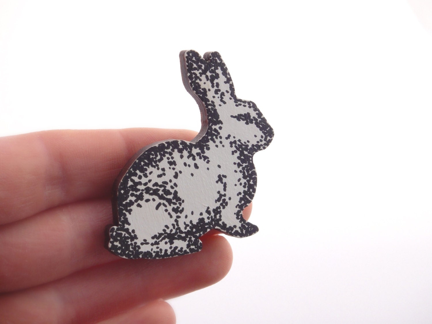 Modern Wooden Rabbit Brooch, Black and White Dotty Rabbit Pin