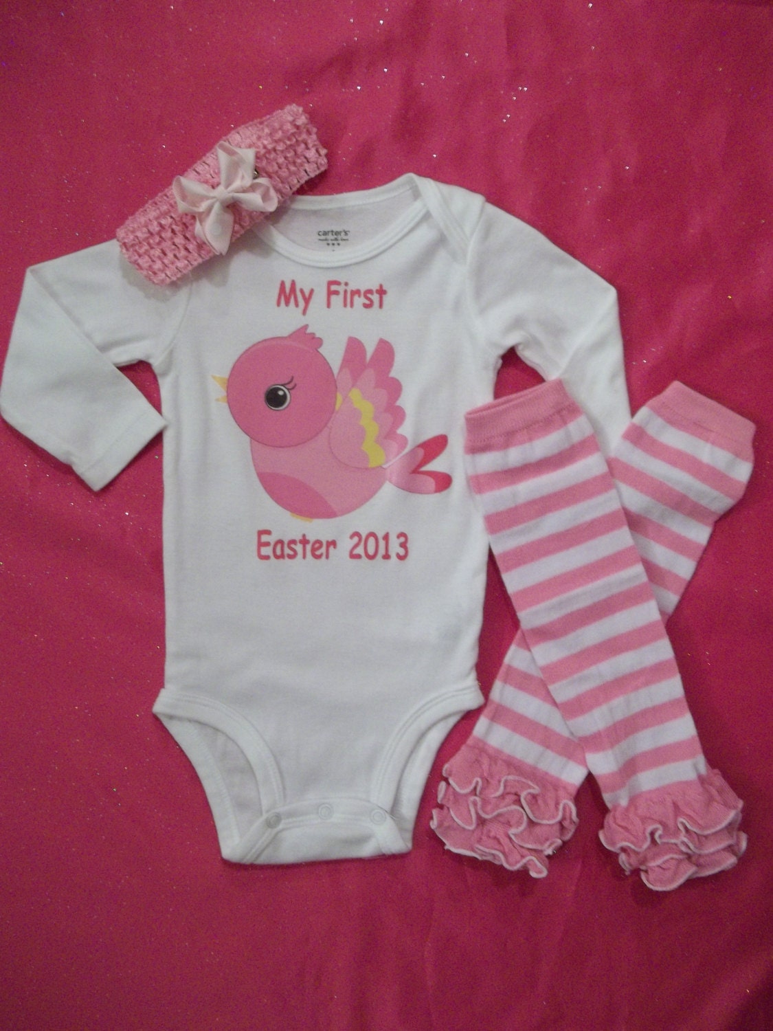 Easter outfit onesie leg warmers leggings pink stripe ruffle My First 1st baby girl chich bird 6 months with bow headband Ready to Ship