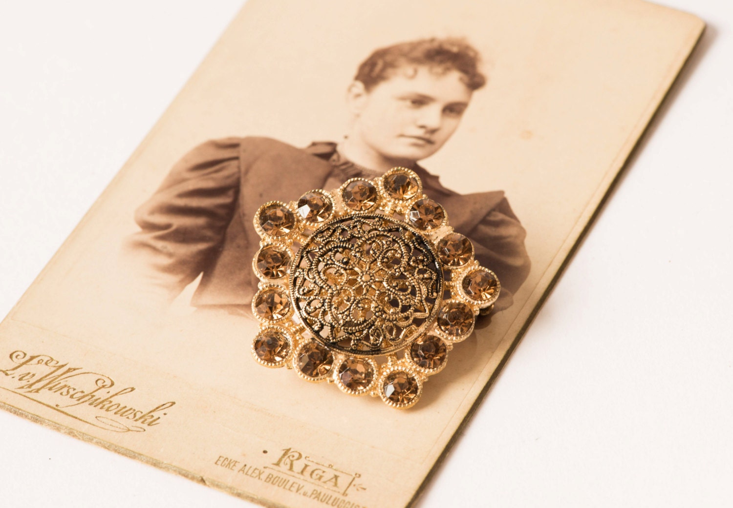 Vintage filigree brooch, sandy, gold rhinestones, pentagon brooch