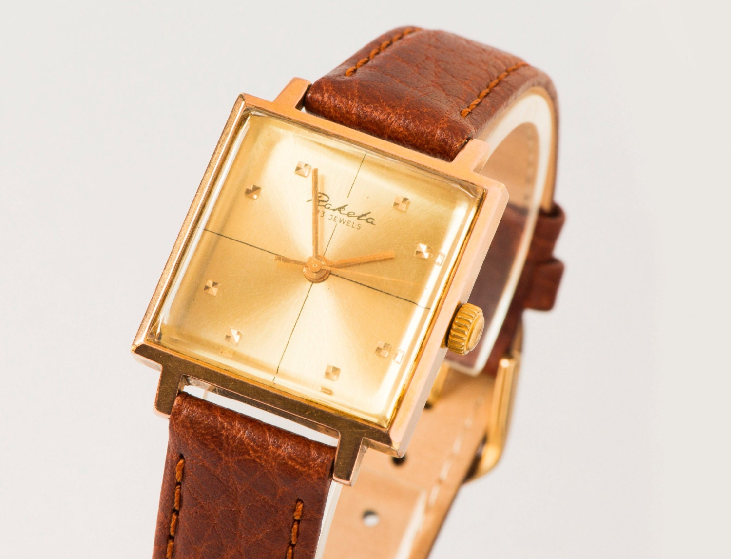 Unisex wrist watch Raketa gold plated AU 20 wristwatch brown leather watch