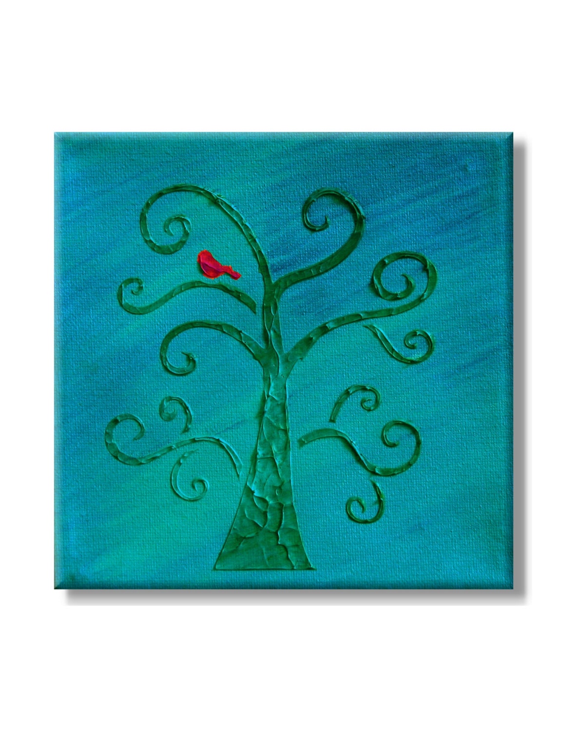Whimsical Swirly Tree with a Red Bird. Original Handpainted Acrylic Thick 3d Texture Impasto Palette Knife Painting. Size 6 x 6.