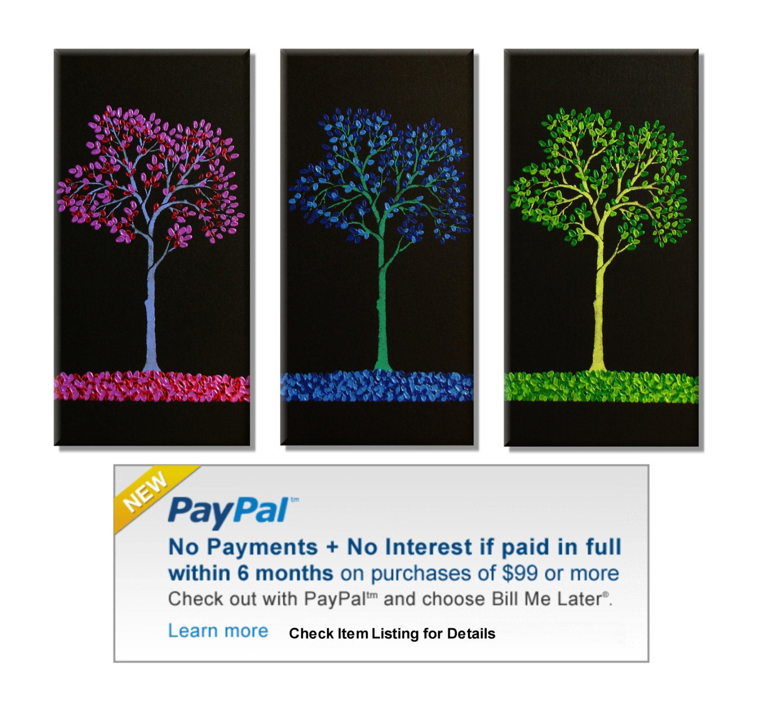Colorful Trees. Original Handpainted Acrylic Thick 3d Texture Impasto Palette Knife Paintings. Size 12 x 24 each.