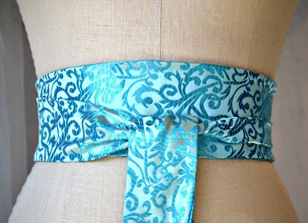 Aqua satin obi sash belt asian brocade turquoise waist cincher Ocean wedding engagement party