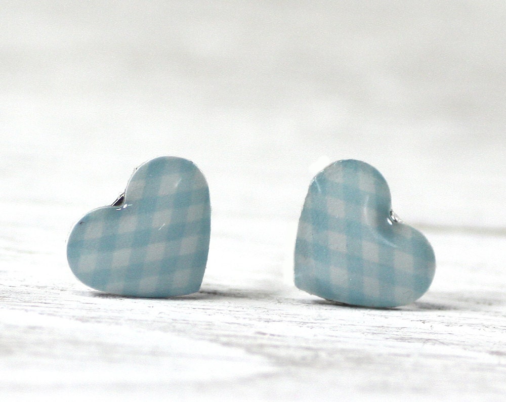 Blue Checker Heart Earrings Studs, White, Pastel, Valentine's Day (0-68E) Free shipping, Hypoallergenic Surgical Steel