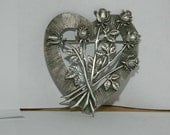 Vintage JJ Jonette Heart Shaped Floral Bouquet Rose Pewter Brooch