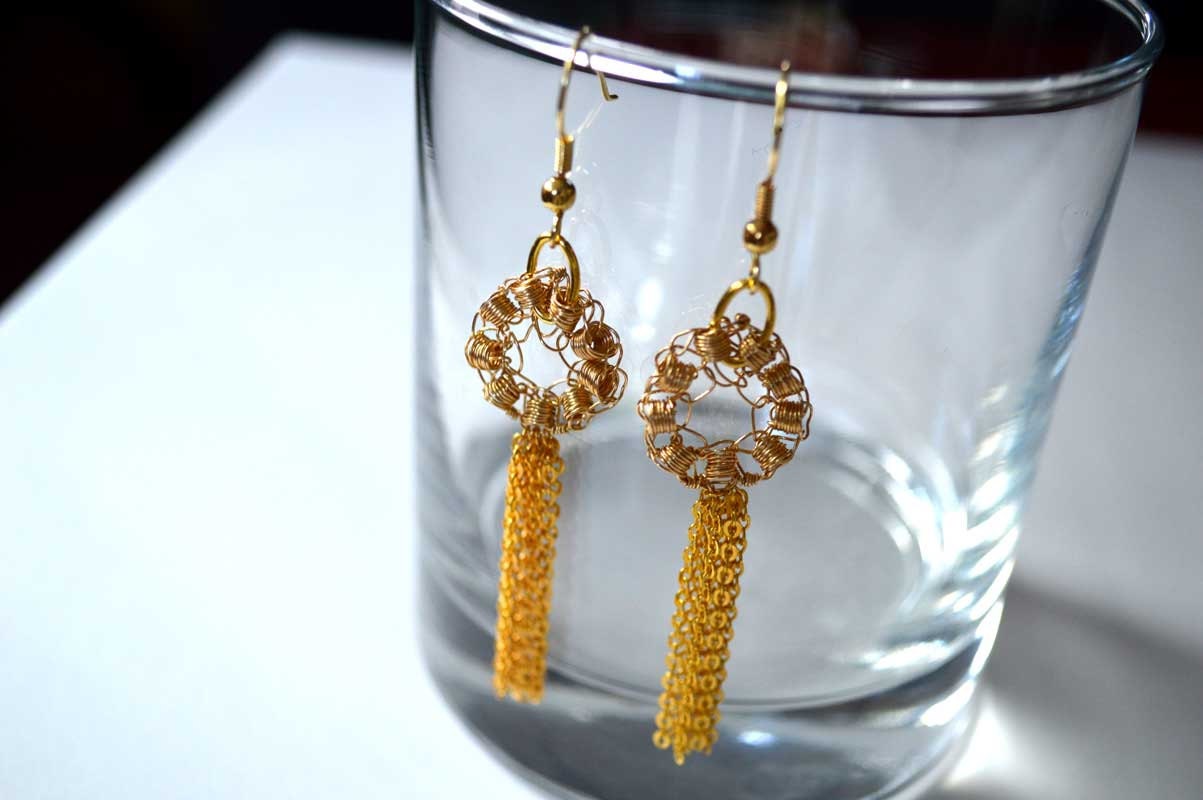 Brass Wire Crochet Dangle Earrings with gold plated Fringe