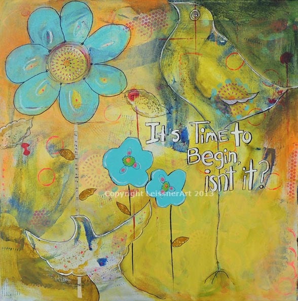 Original Mixed-Media Green Gold Turquoise Birds "It's Time to Begin"