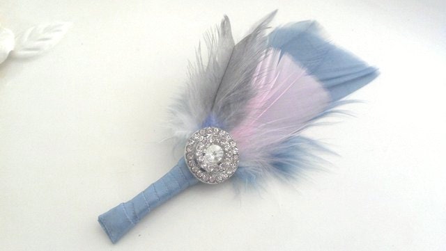 STUNNING feather and crystal boutonniere with blues, grays and a touch of pink