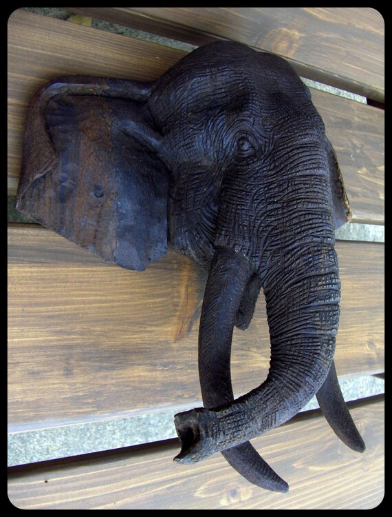Solid Wood Hand Carved Elephant Head Wall Hanging by furnitologist