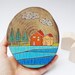Two houses on the lake, original painting on tree slice, eco friendly art,colorful tree branch art,wall decor,house painting